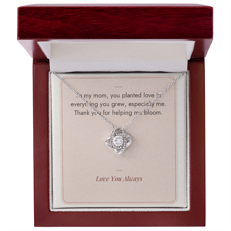 White gold Love Knot necklace for Mom with Helping Me Bloom message card in mahogany LED luxury gift box