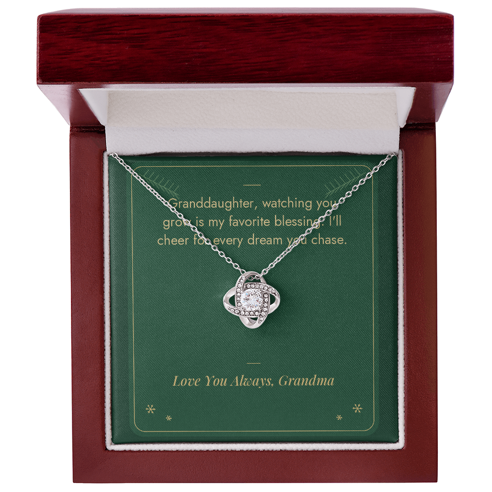 White gold Love Knot necklace for granddaughter from Grandma with Favorite Blessing message card in mahogany LED luxury gift box