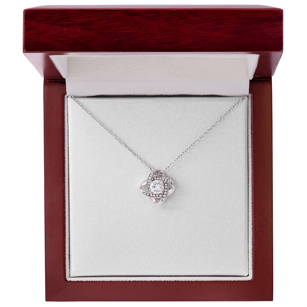 Silver finish Christian Christmas Love Knot necklace with John 3:16 message card in mahogany luxury gift box