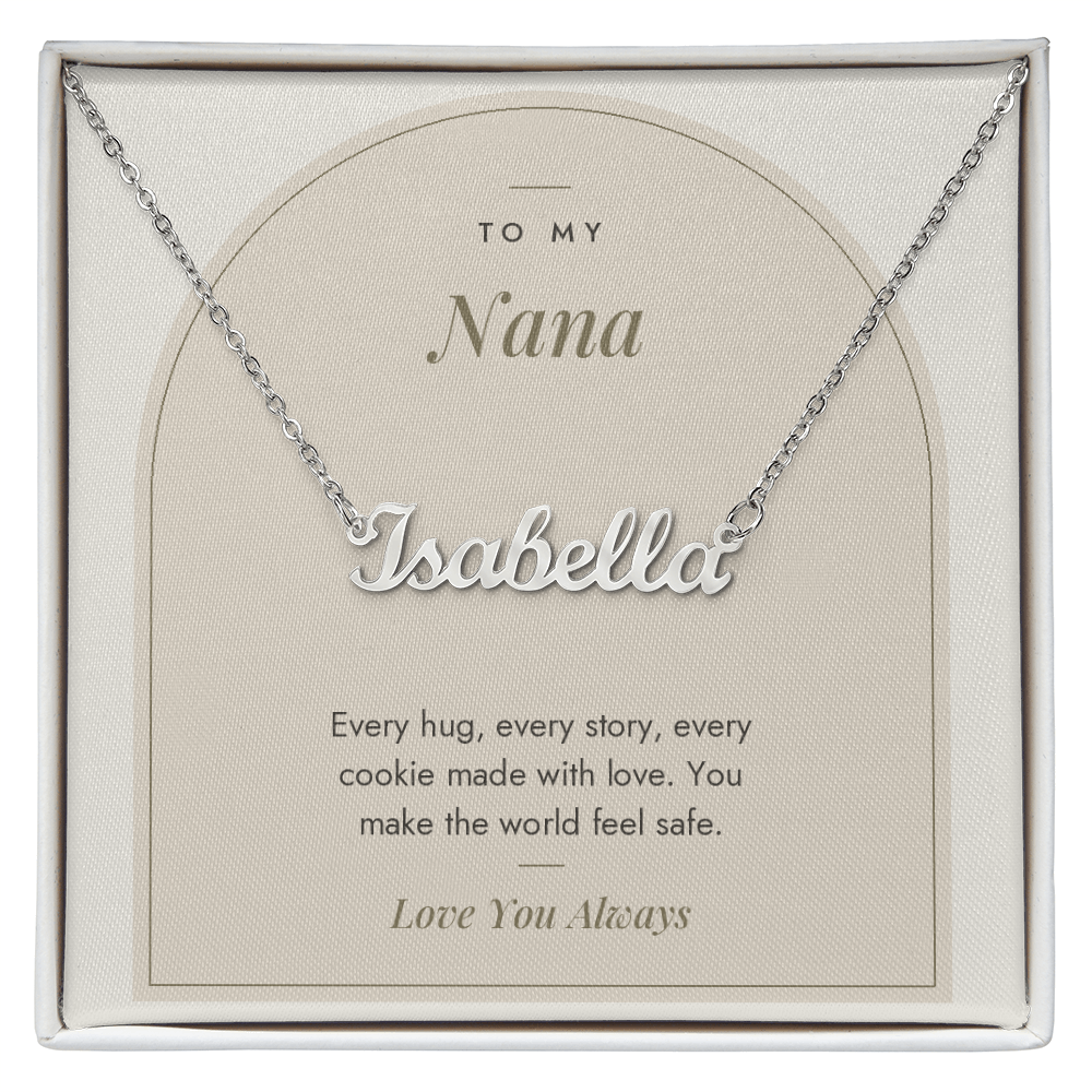Custom name necklace for nana – Modern Arch pendant with To My Nana message card, view 1