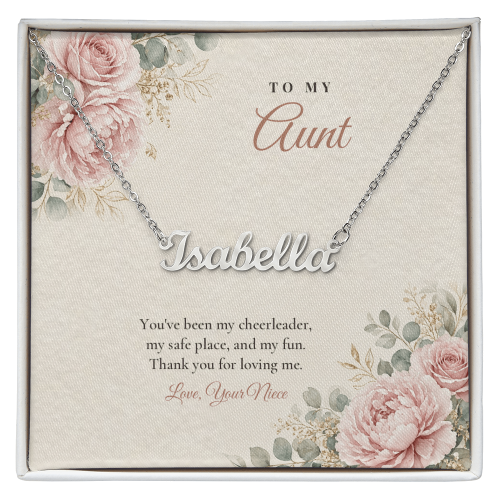 Silver finish Aunt name necklace on pink rose floral "To My Aunt" message card – name necklace for Aunt