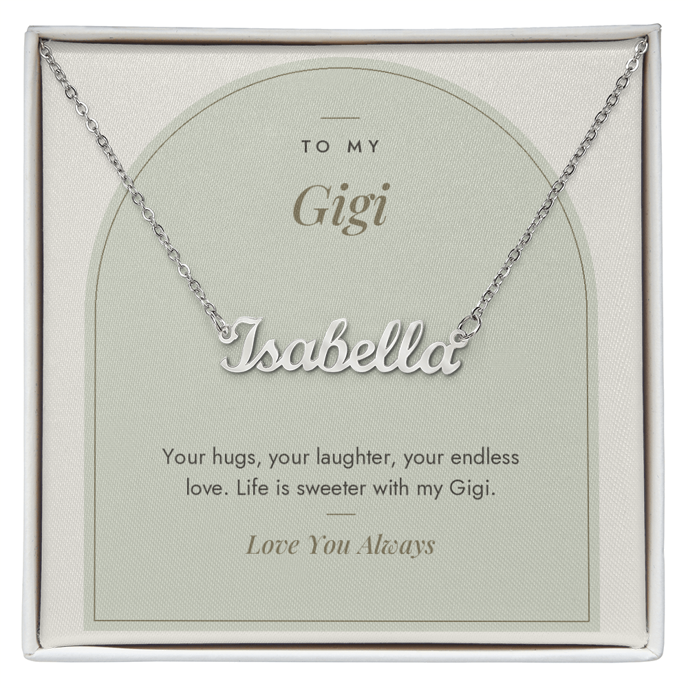 Custom name necklace for gigi – Modern Arch pendant with To My Gigi message card, view 1