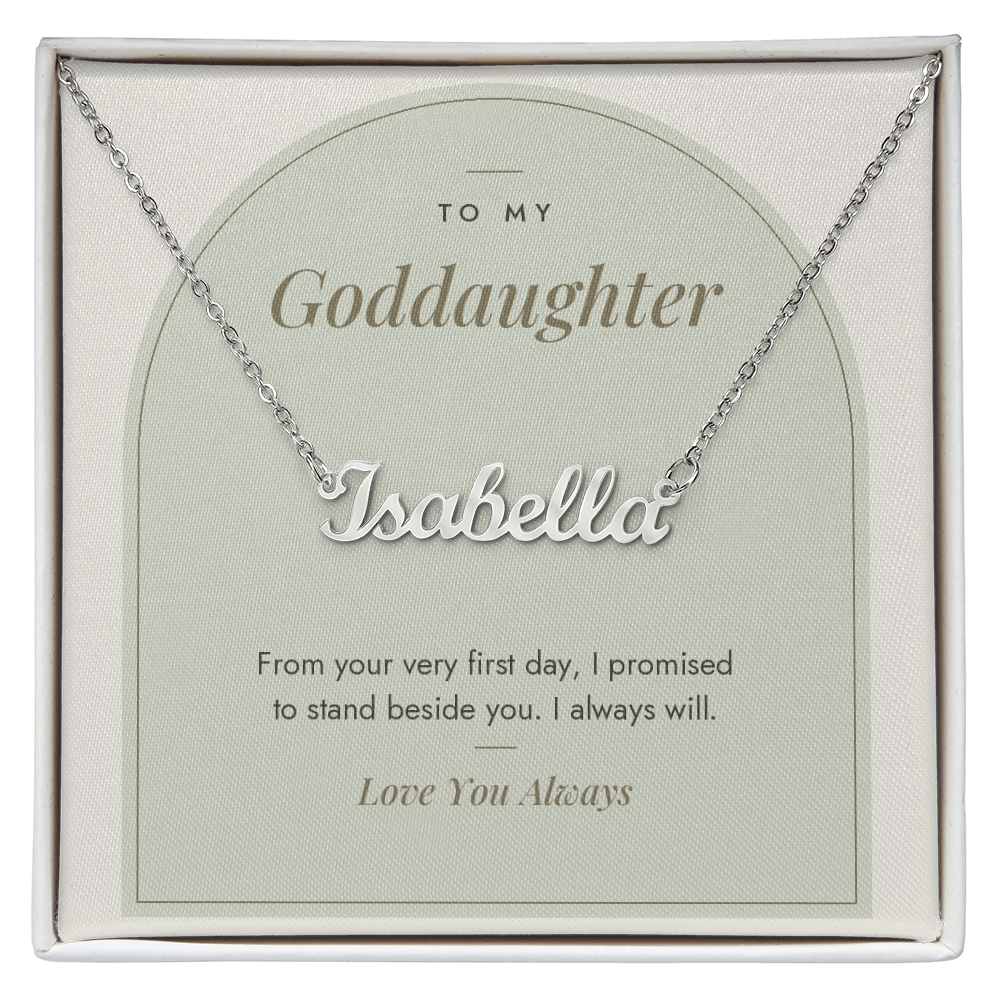 Custom name necklace for goddaughter – Modern Arch pendant with To My Goddaughter message card, view 1