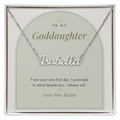 Custom name necklace for goddaughter – Modern Arch pendant with To My Goddaughter message card, view 1