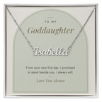 Custom name necklace for goddaughter – Modern Arch pendant with To My Goddaughter message card, view 1