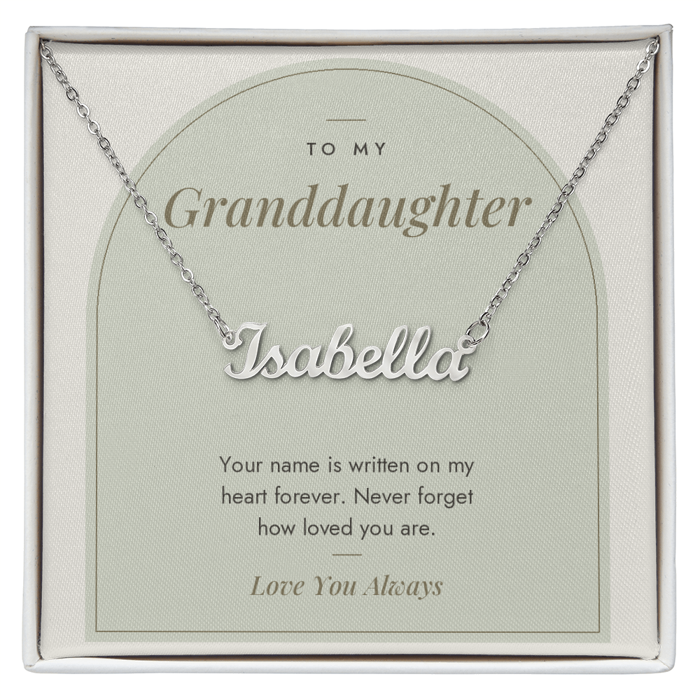 Custom name necklace for granddaughter – Modern Arch pendant with To My Granddaughter message card, view 1