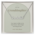 Custom name necklace for granddaughter – Modern Arch pendant with To My Granddaughter message card, view 1