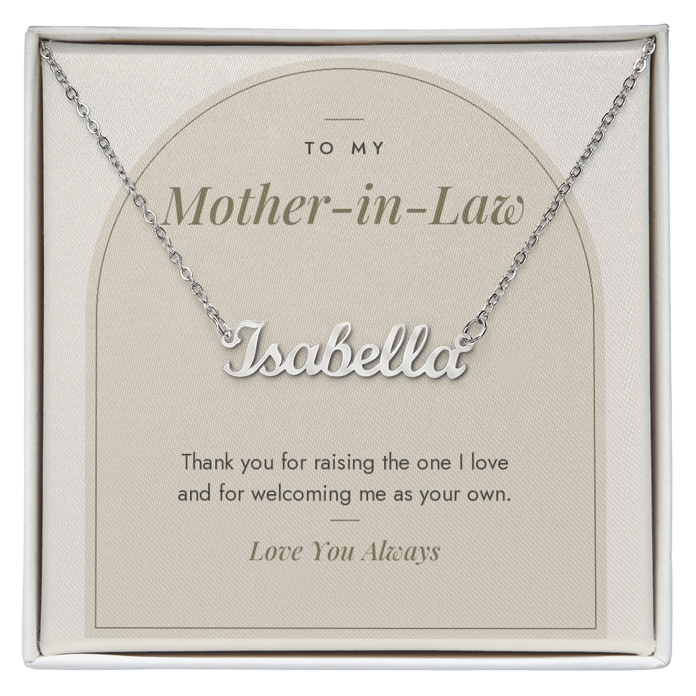 Custom name necklace for mother-in-law – Modern Arch pendant with To My Mother-in-Law message card, view 1