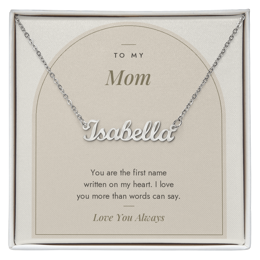 Custom name necklace for mom – Modern Arch pendant with To My Mom message card, view 1