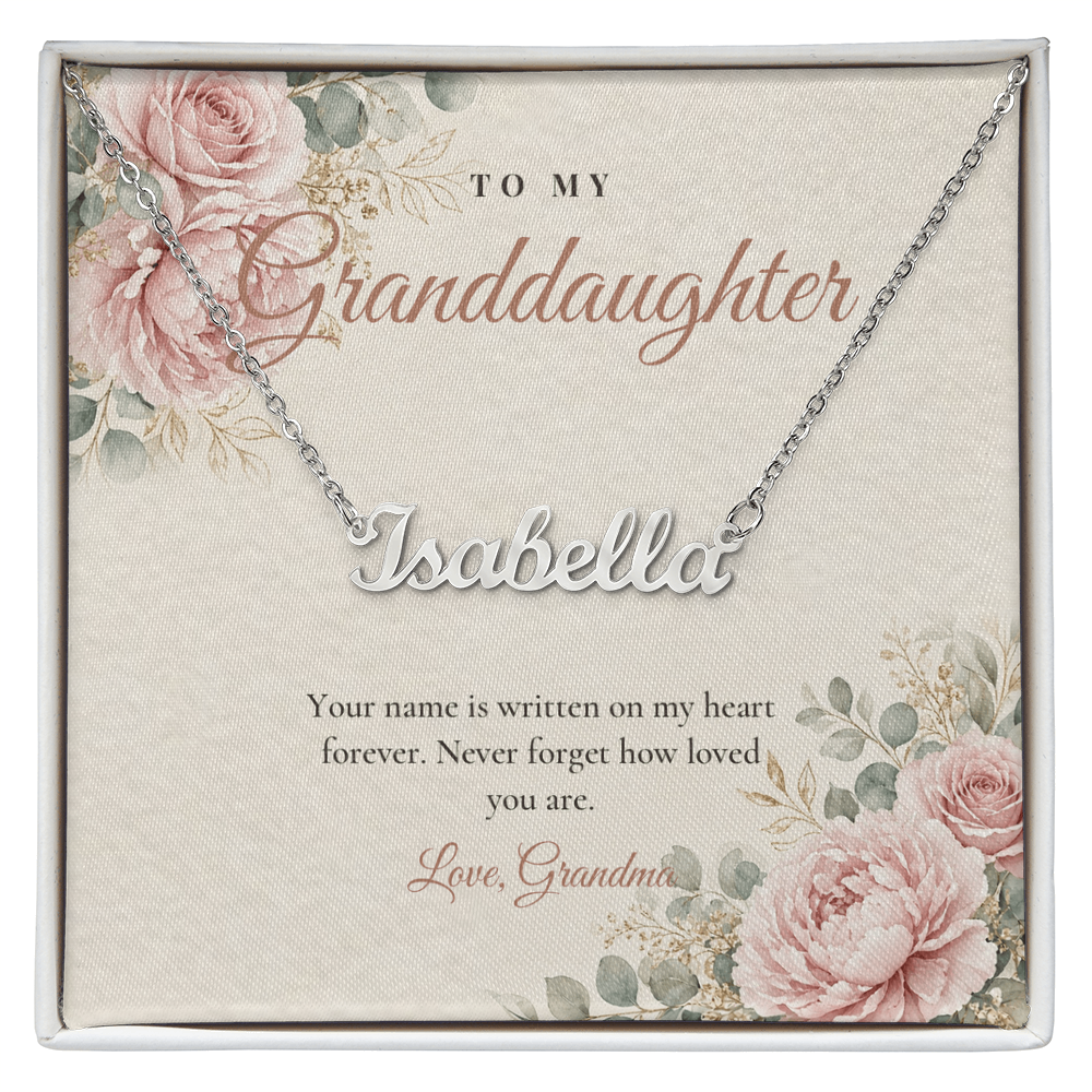 Silver custom name necklace for granddaughter on floral message card