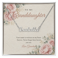 Silver custom name necklace for granddaughter on floral message card