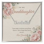 Silver custom name necklace for granddaughter on floral message card