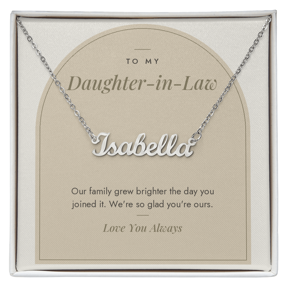 Custom name necklace for daughter-in-law – Modern Arch pendant with To My Daughter-in-Law message card, view 1