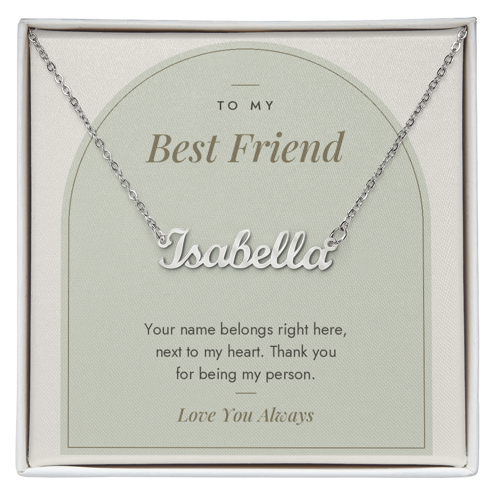 Custom name necklace for best friend – Modern Arch pendant with To My Best Friend message card, view 1
