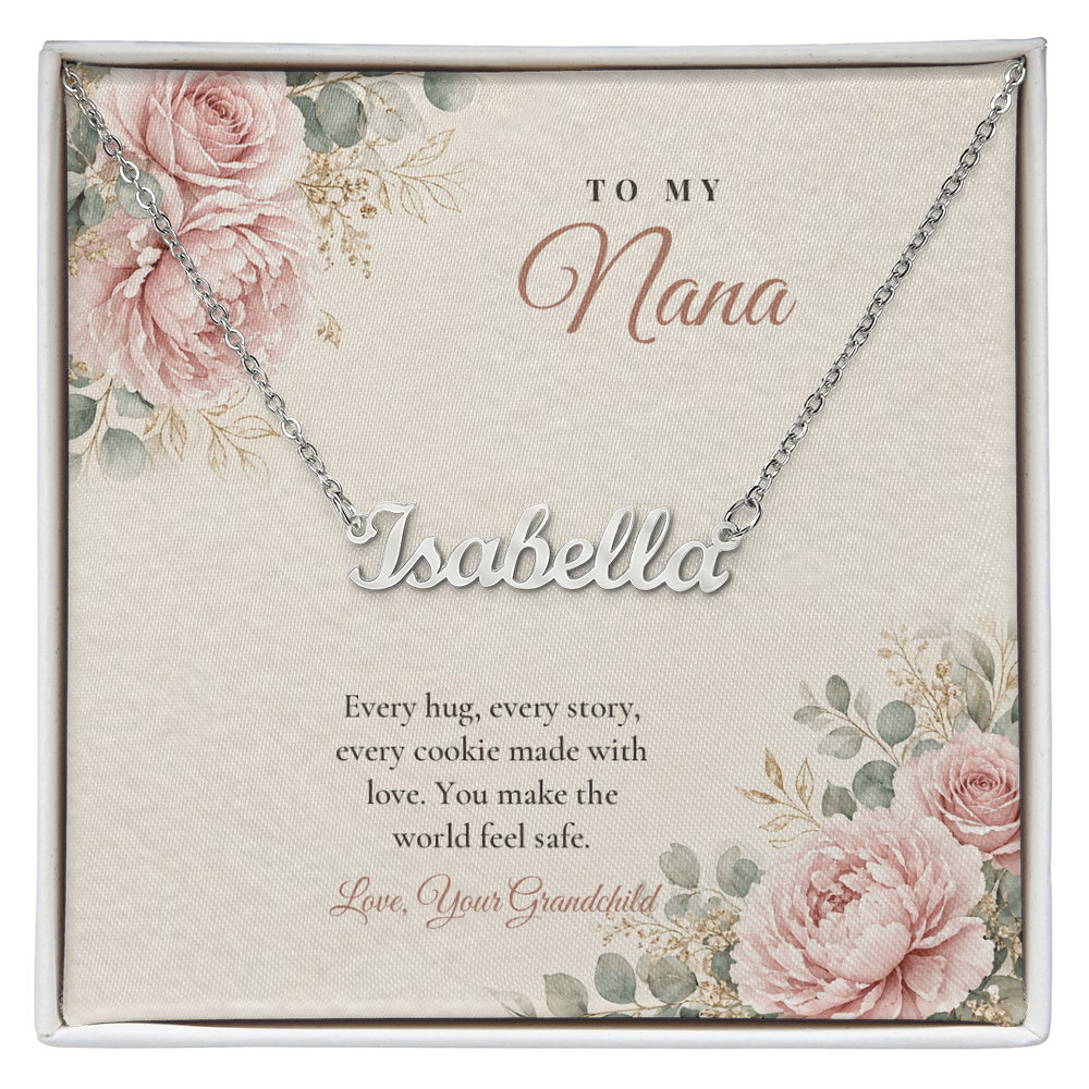 Silver finish Nana name necklace on pink rose floral "To My Nana" message card – name necklace for Nana