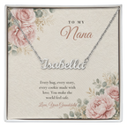 Silver finish Nana name necklace on pink rose floral "To My Nana" message card – name necklace for Nana