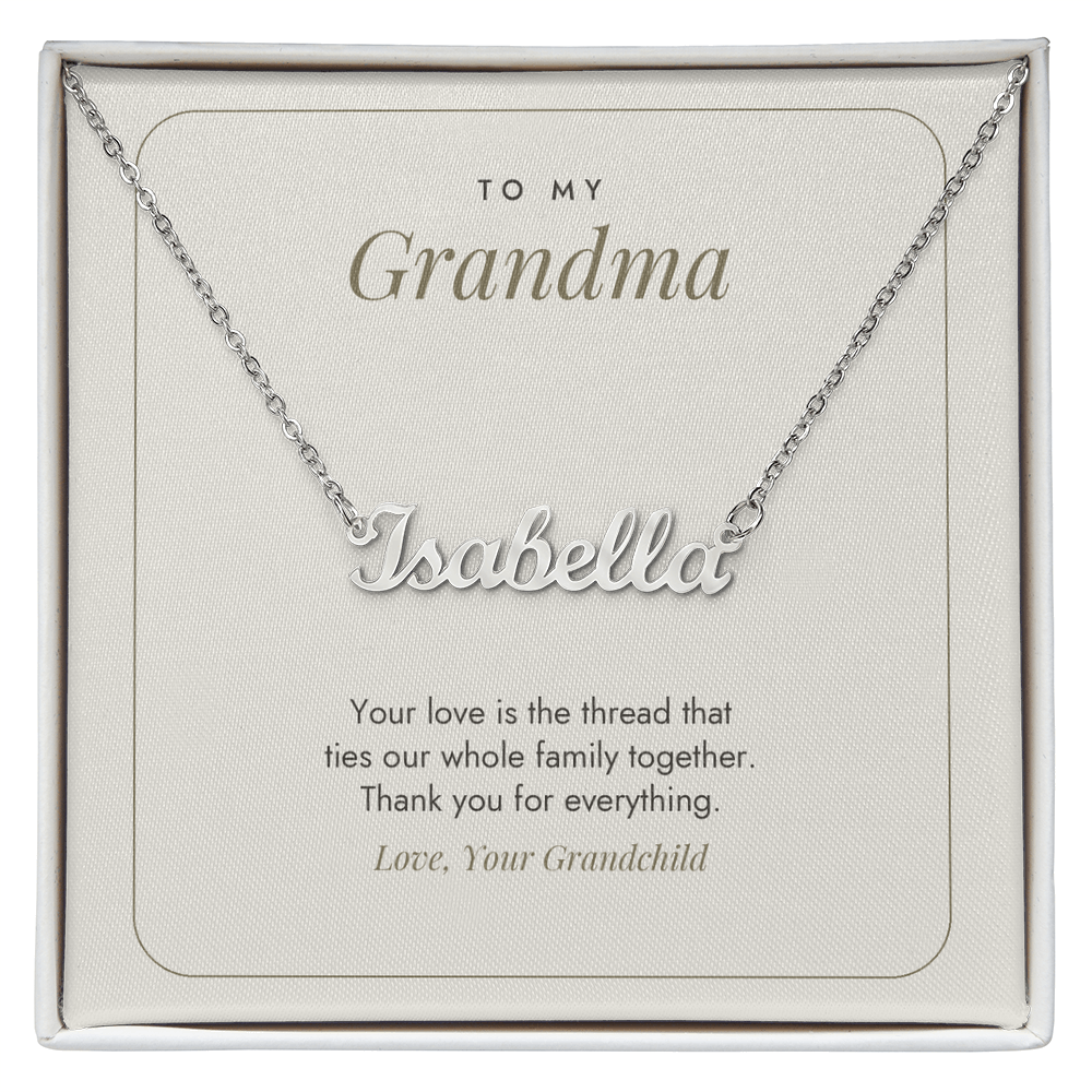 Silver finish Grandma name necklace on minimalist white "To My Grandma" message card – name necklace for Grandma