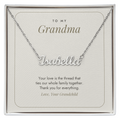 Silver finish Grandma name necklace on minimalist white "To My Grandma" message card – name necklace for Grandma