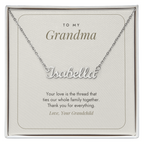 Silver finish Grandma name necklace on minimalist white "To My Grandma" message card – name necklace for Grandma
