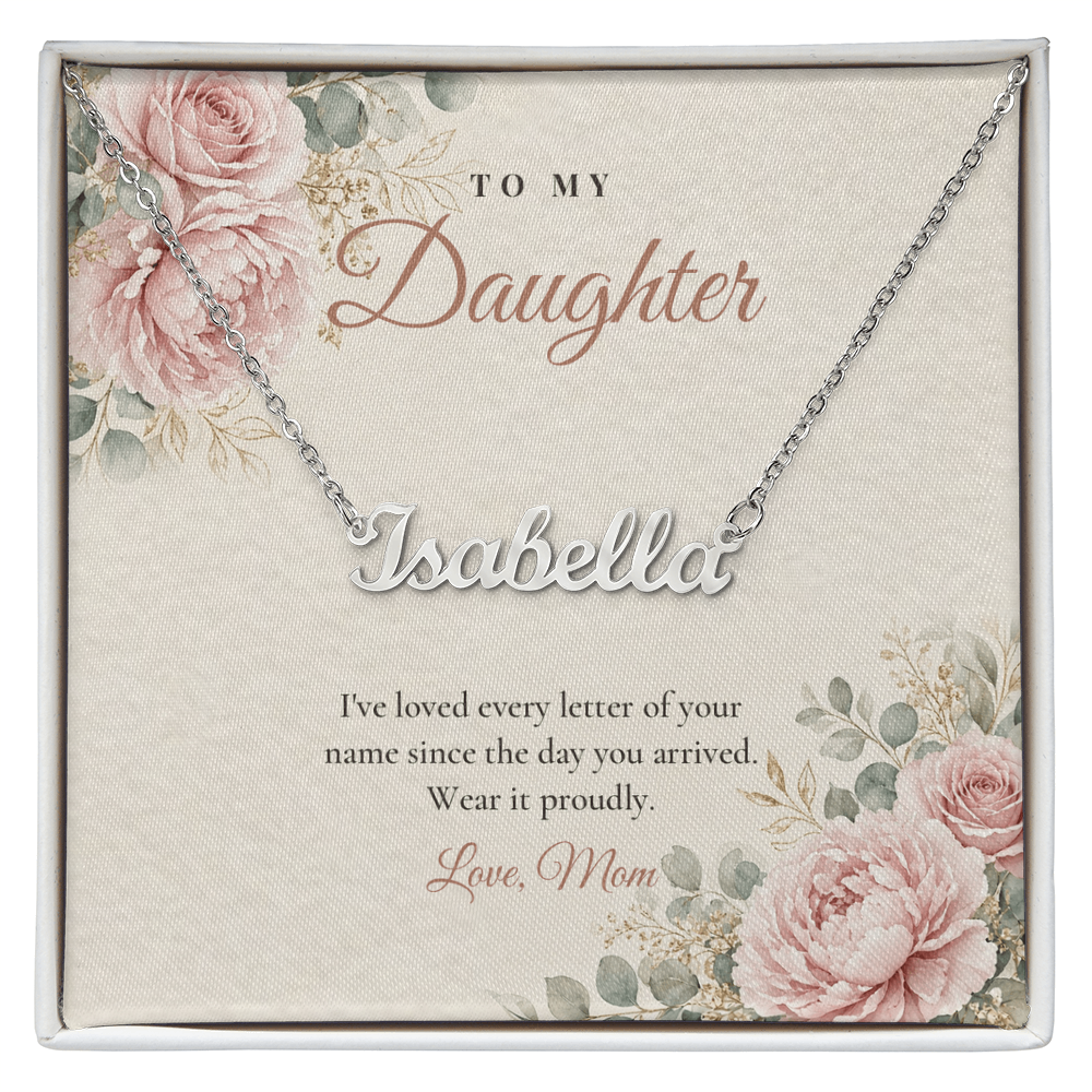 Silver custom name necklace for daughter on floral message card
