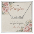 Silver custom name necklace for daughter on floral message card