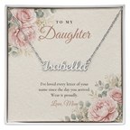 Silver custom name necklace for daughter on floral message card