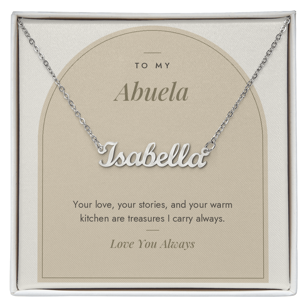 Custom name necklace for abuela – Modern Arch pendant with To My Abuela message card, view 1