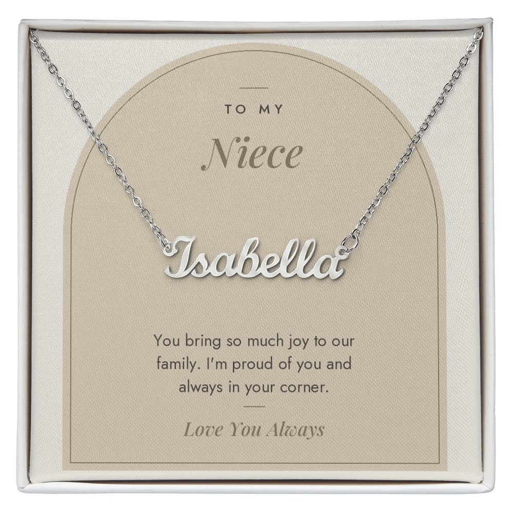 Custom name necklace for niece – Modern Arch pendant with To My Niece message card, view 1