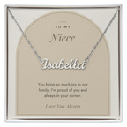 Custom name necklace for niece – Modern Arch pendant with To My Niece message card, view 1