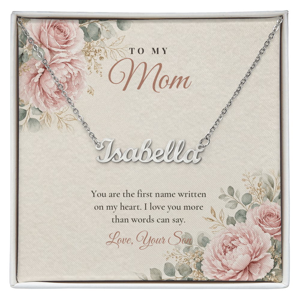 Silver custom name necklace for Mom from son on floral message card