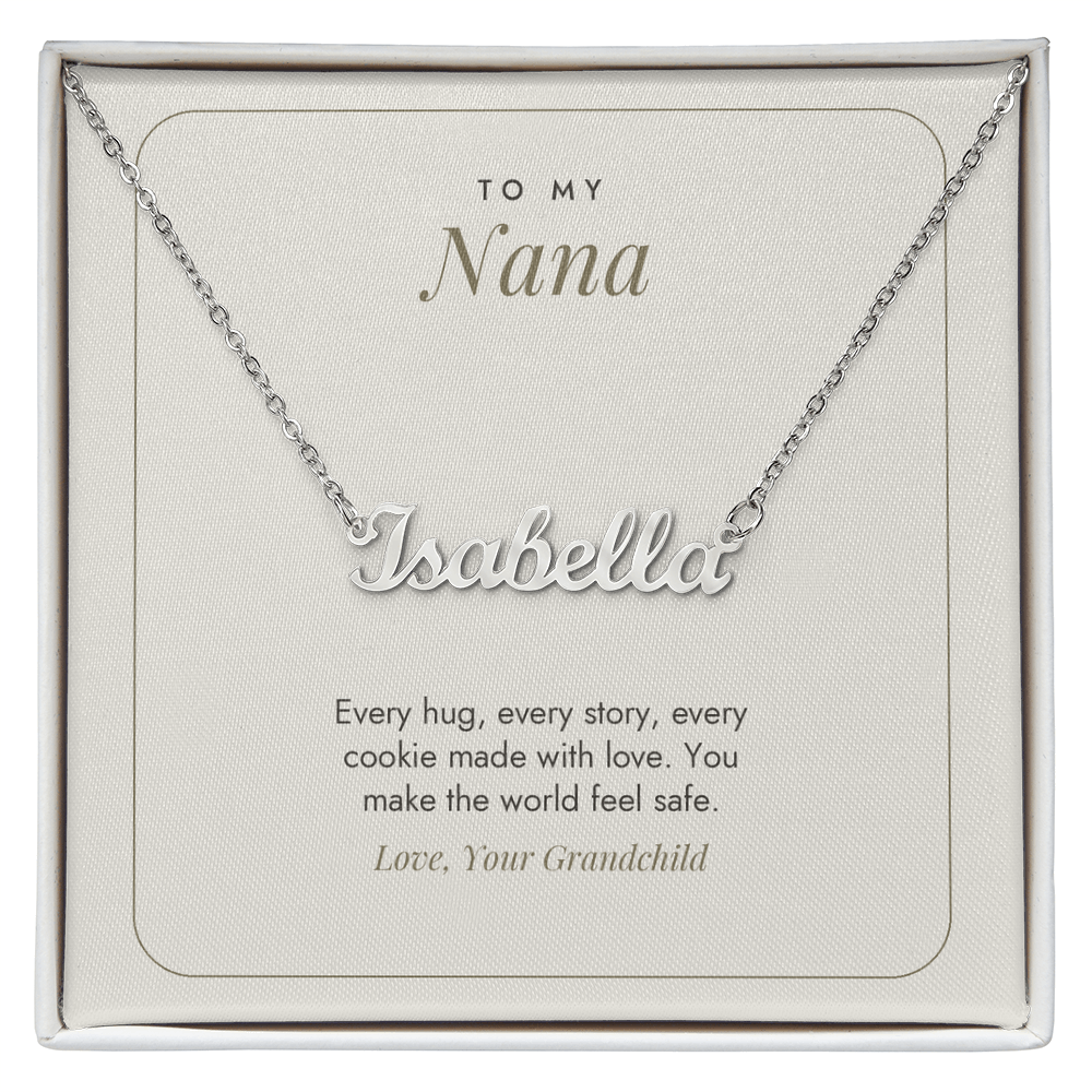 Silver finish Nana name necklace on minimalist white "To My Nana" message card – name necklace for Nana