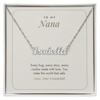 Silver finish Nana name necklace on minimalist white "To My Nana" message card – name necklace for Nana
