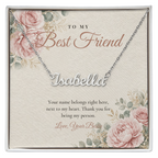 Silver custom name necklace for best friend on floral message card