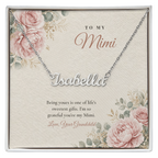 Silver finish Mimi name necklace on pink rose floral "To My Mimi" message card – name necklace for Mimi