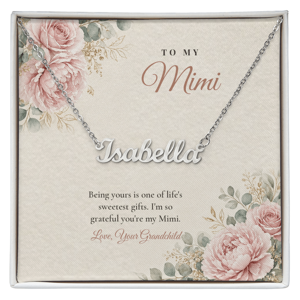 Silver finish Mimi name necklace on pink rose floral "To My Mimi" message card – name necklace for Mimi