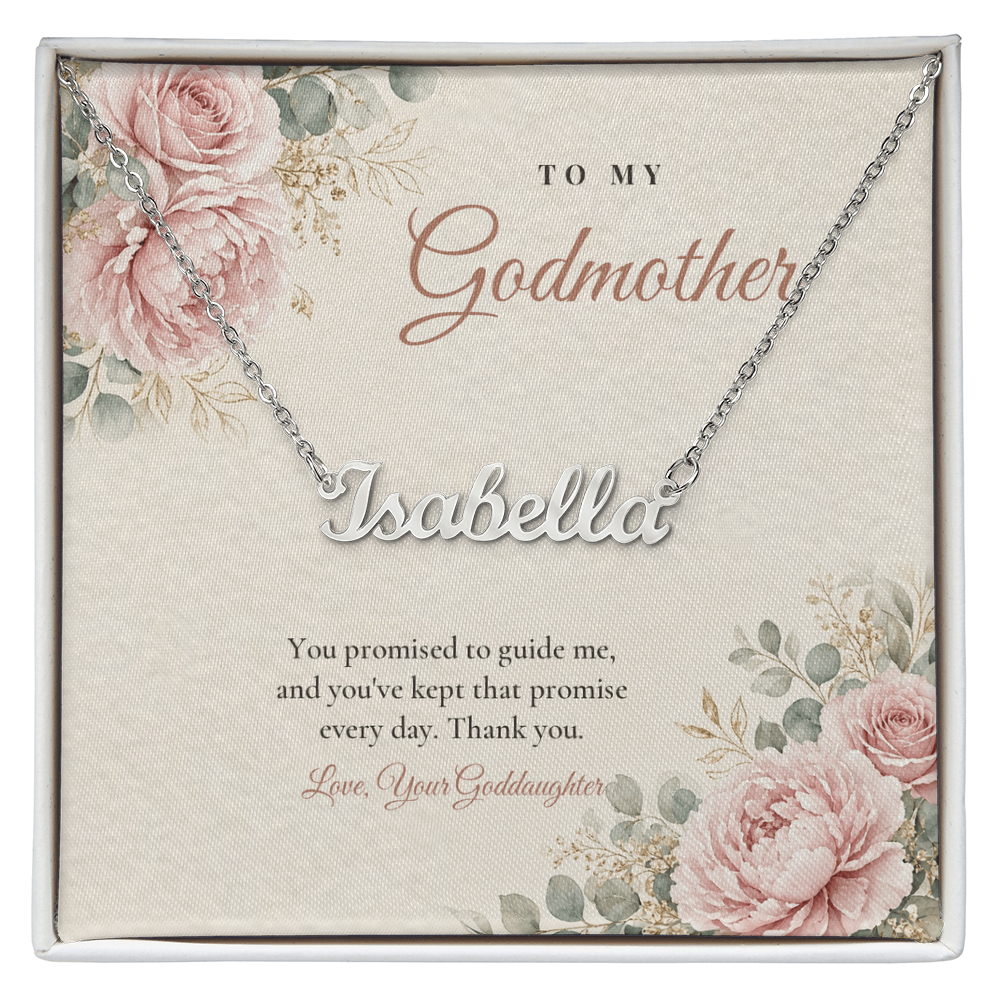 Silver finish Godmother name necklace on pink rose floral "To My Godmother" message card – name necklace for Godmother