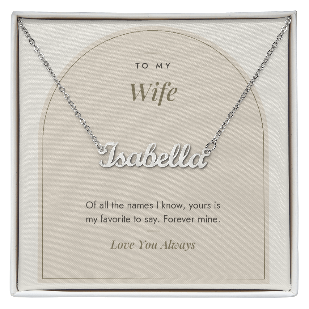 Custom name necklace for wife – Modern Arch pendant with To My Wife message card, view 1
