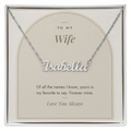 Custom name necklace for wife – Modern Arch pendant with To My Wife message card, view 1