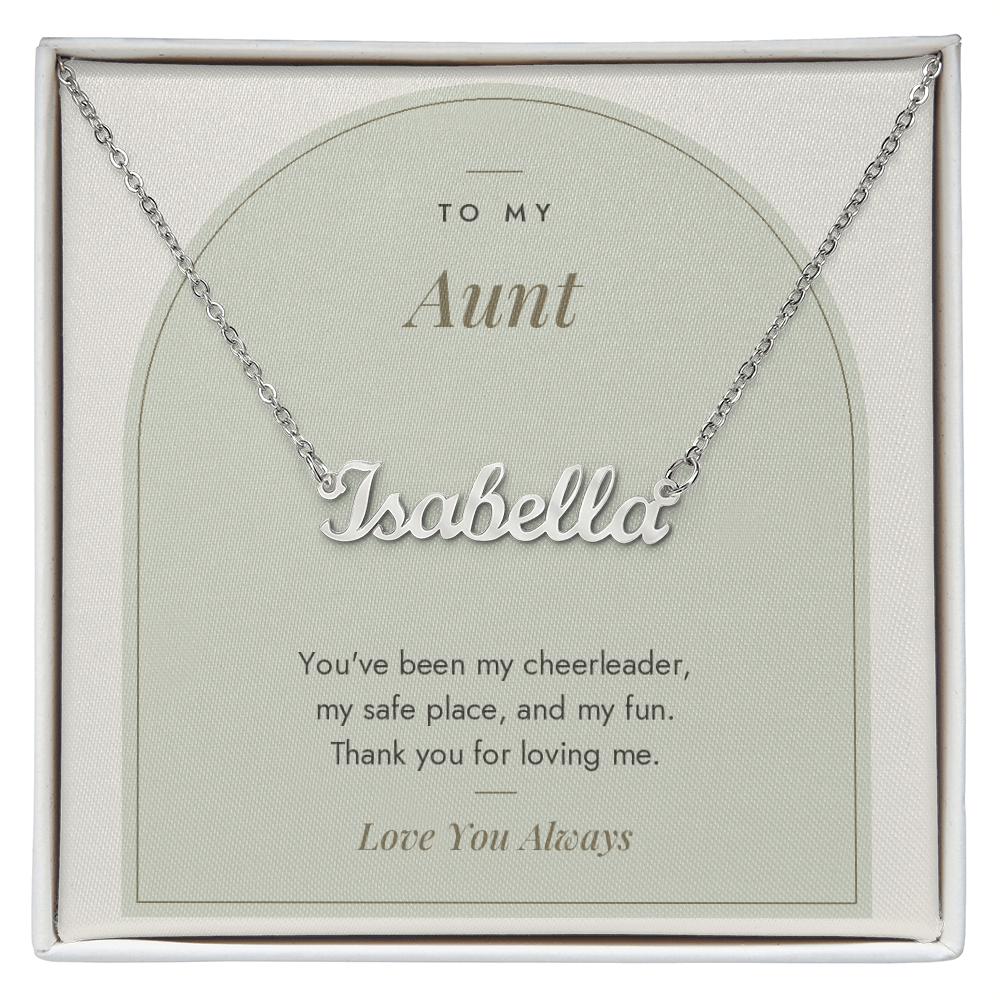 Custom name necklace for aunt – Modern Arch pendant with To My Aunt message card, view 1