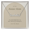 Custom name necklace for bonus mom – Modern Arch pendant with To My Bonus Mom message card, view 1