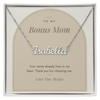 Custom name necklace for bonus mom – Modern Arch pendant with To My Bonus Mom message card, view 1