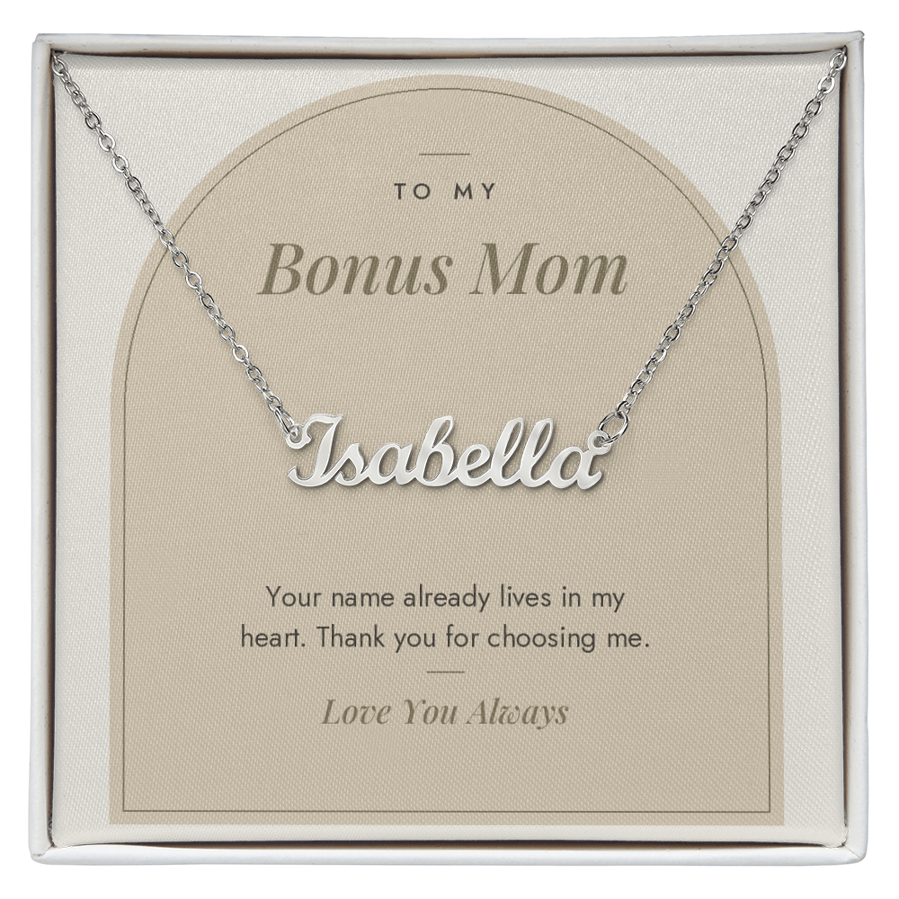 Custom name necklace for bonus mom – Modern Arch pendant with To My Bonus Mom message card, view 1