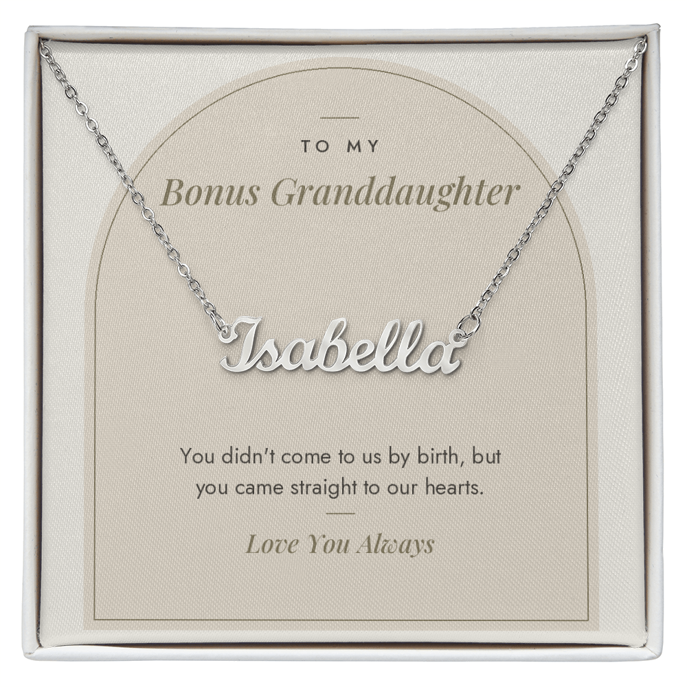Custom name necklace for bonus granddaughter – Modern Arch pendant with To My Bonus Granddaughter message card, view 1