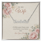 Silver custom name necklace for wife on floral message card