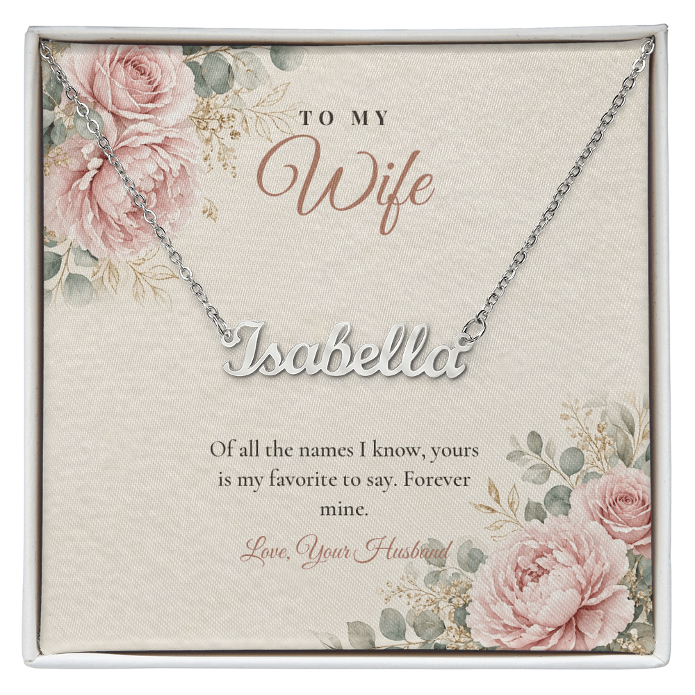 Silver custom name necklace for wife on floral message card