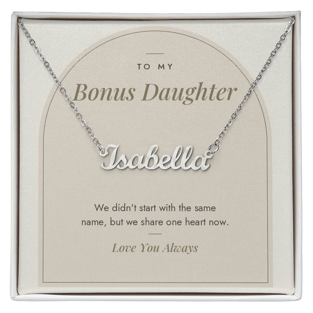 Custom name necklace for bonus daughter – Modern Arch pendant with To My Bonus Daughter message card, view 1