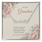 Silver finish Grandma name necklace on pink rose floral "To My Grandma" message card – name necklace for Grandma