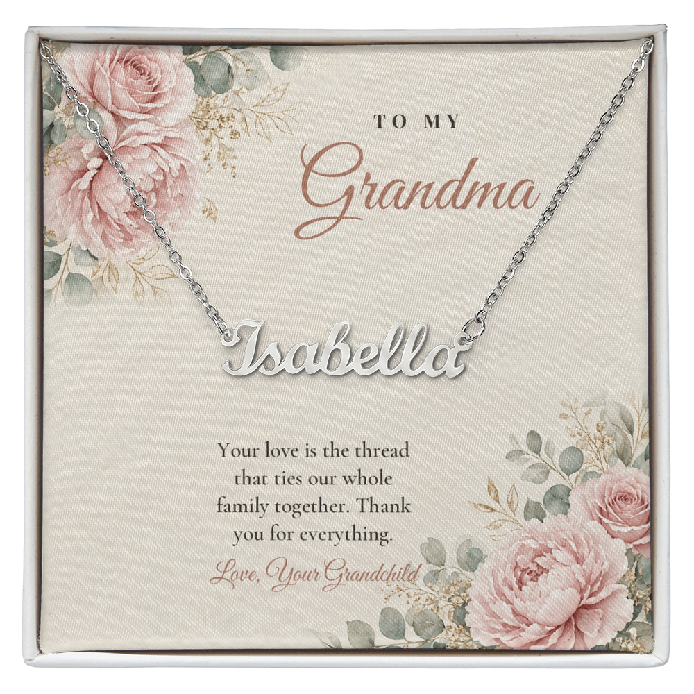Silver finish Grandma name necklace on pink rose floral "To My Grandma" message card – name necklace for Grandma