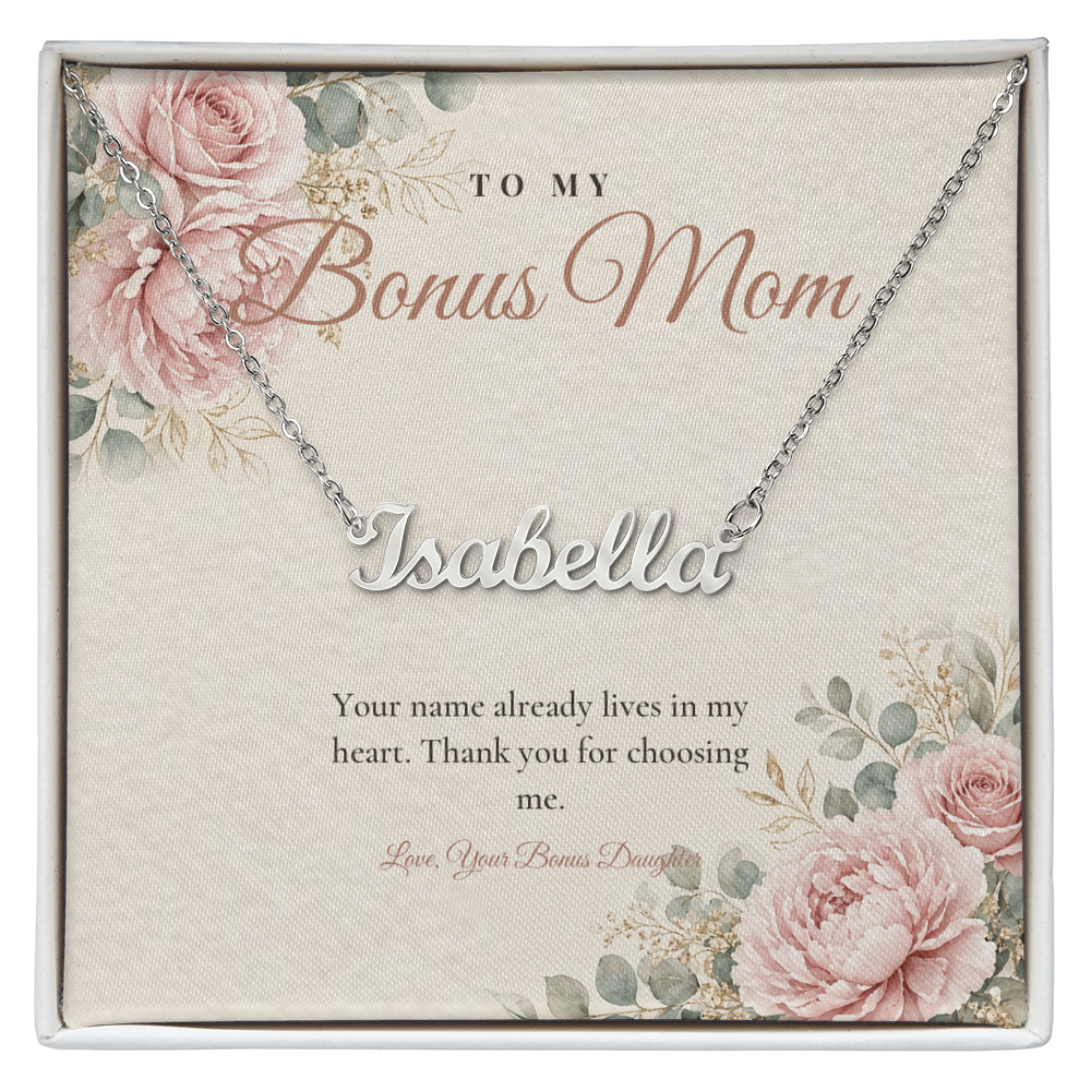 Silver custom name necklace for bonus mom on floral message card