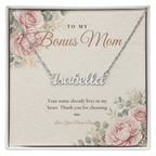 Silver custom name necklace for bonus mom on floral message card